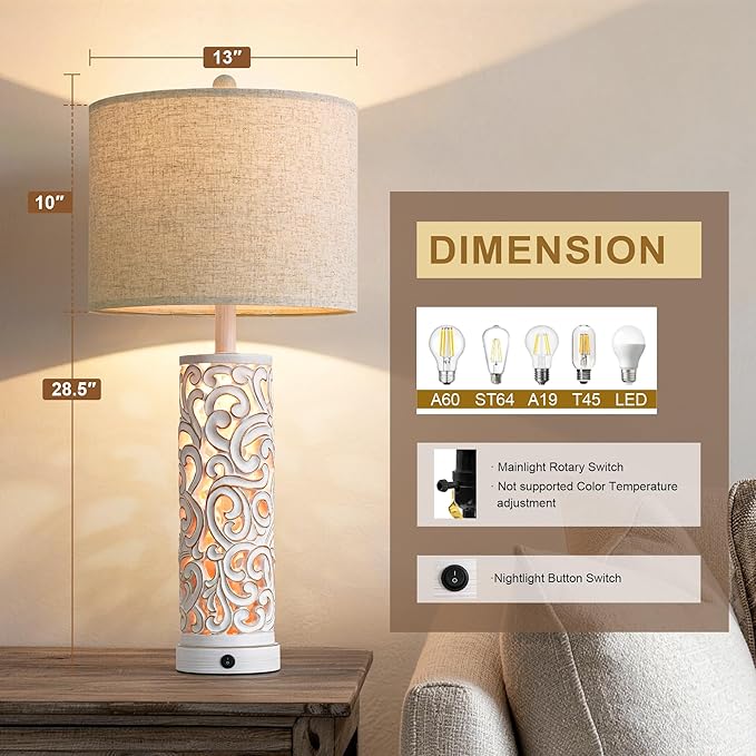 OYEARS 2-in-1 Light Table Lamp Set of 2 for Living Room, 28.5" Farmhouse Bedside Lamps with USB Charging Port, Main&Night Light & Dual Switches, Nightstand Lamp for Bedroom Home Office(Bulb Included)