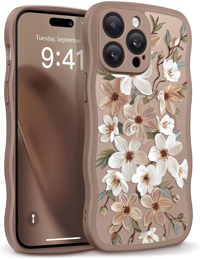 GVIEWIN for iPhone 14 Pro Max Case Compatible with MagSafe [Curly Wave Edge][Full Camera Protection] Floral Translucent Shockproof Magnetic Women Phone Case for 14 Pro Max, Dogwood/Brown