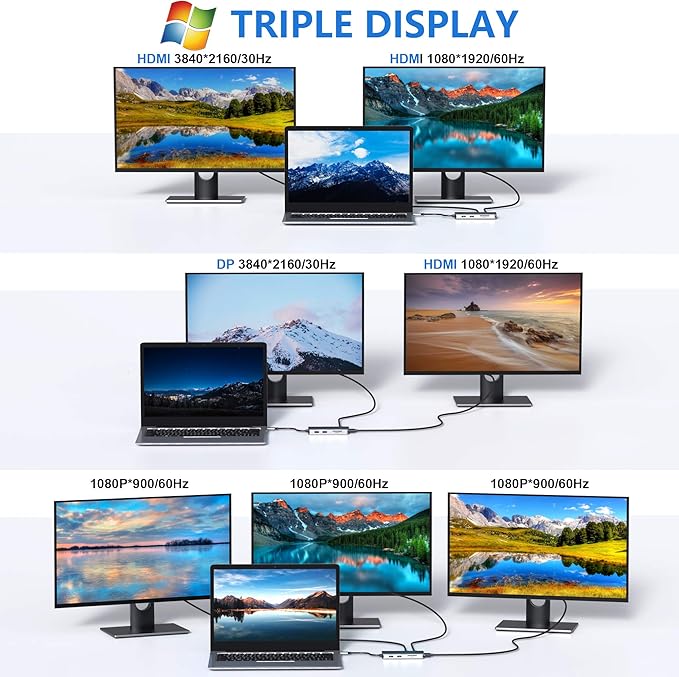 Docking Station, USB C Adapter, 9 in 1 Triple Display Multiport Dongle with 2 HDMI 4K, DisplayPort, 3 USB, 100W PD, SD/Micro SD Card Reader for MacBook Pro Air Type C Laptops