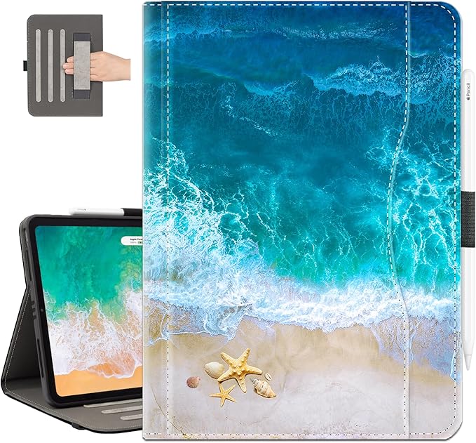 Vimorco for iPad Air M4/M3/M2 11 Inch Case 2026/2025/2024, for iPad Air 5th/4th Gen Cases 10.9-inch, for iPad Pro 11 Inch Case 4th/3rd/2nd/1st Generation Pencil Holder/Hand Strap/Pocket, Ocean Beach