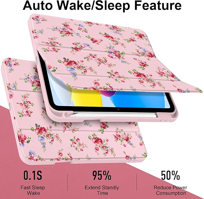 Case for iPad Air 11 inch M4 2026 M3 2025 M2 2024,iPad Air 5th (2022) / 4th (2020) 10.9 Inch Clear Back Shell Shockproof TPU Edge Trifold Stand Auto Wake Sleep Cute Cover, Elegant Rose