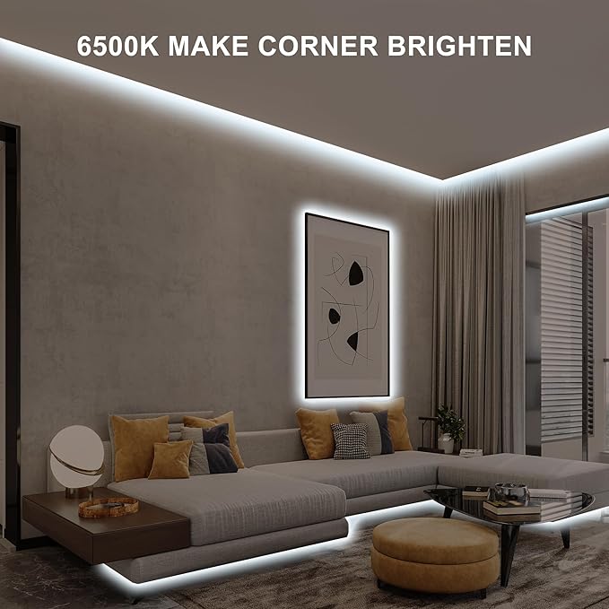 32.8ft COB Led Strip Light with Remote, 6500K Ra93+ Dimmable Bright Daylight White Led COB Strip Light, White Continuous Led Strip Light for Mirror, Stair, Cabinet, Room