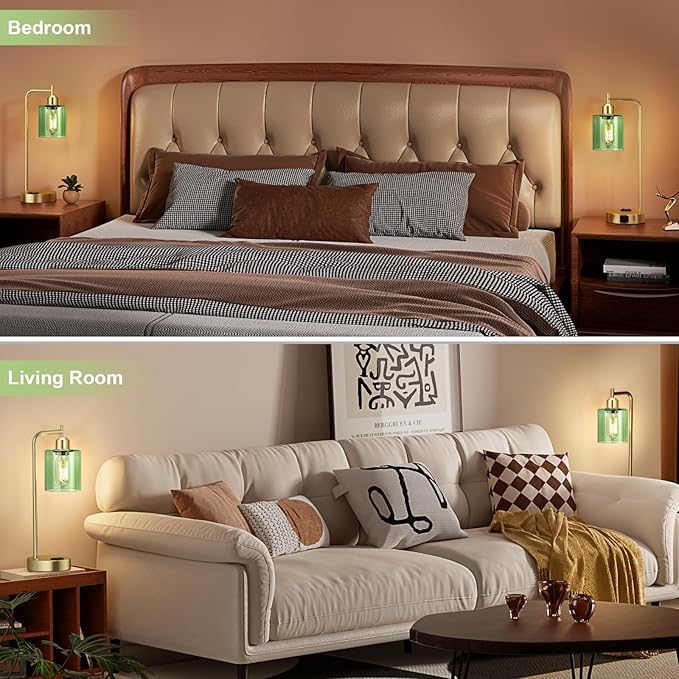 Innqoo Industrial Green Table Lamps for Bedrooms Set of 2-3-Way Dimmable Desk Lamp with USB C+A Ports and Outlet, Gold Lamps with Green Glass Shade for Living Room