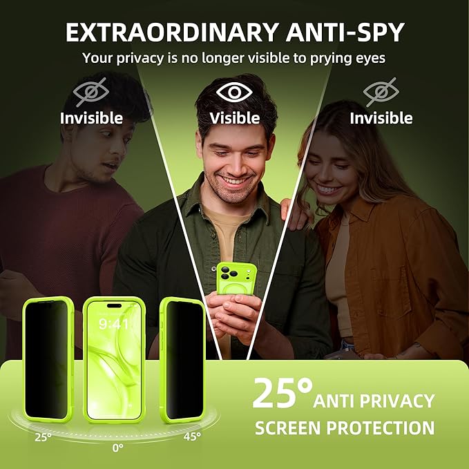 BERFY for iPhone 17 Pro Max Case, Compatible with MagSafe, Built-in Privacy Screen Protector, Camera Protection, Shockproof Full Body Phone Case 6.9", Translucent Bright Green