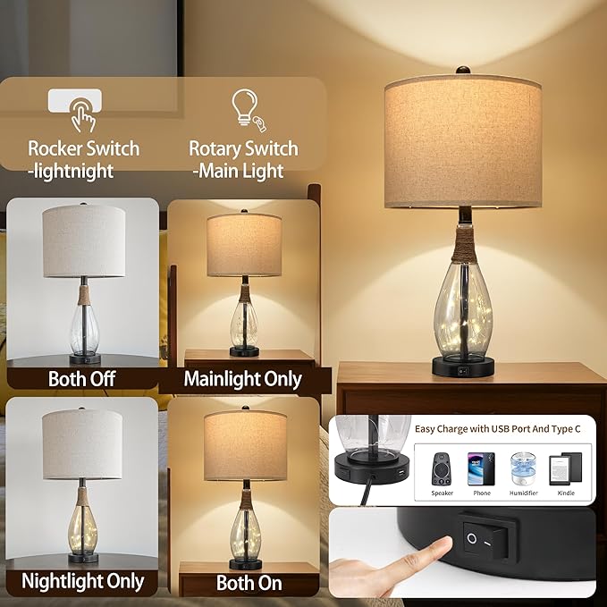 OYEARS Bedside Table Lamp with USB, 23‘’ Black Modern Nightstand Lamps for Bedroom, Retro Rattan Table Lamps for Night Stands, Living Room, Farmhouse Table Lamp with Glass Nightlight Lamps