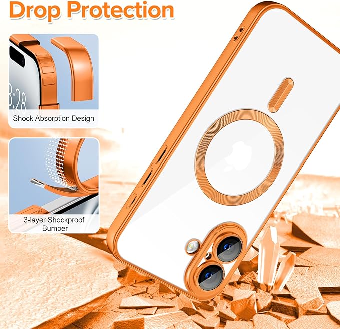 Hython Magnetic Clear for iPhone 16 Case with Camera Lens Protector [Compatible with MagSafe] Luxury Plating Edge Slim Soft TPU Cover Protective Phone Case for iPhone 16 6.1", Matte Orange