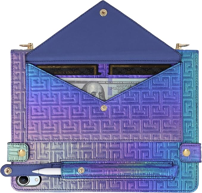 Shiny Case for iPad (A16) 2025 11"/iPad 10th Generation Handbag with Hand Strap, Techcircle Crossbody Iridescent Folio Stand Wallet Case with Pencil Holder+Card Slots+Shoulder Strap, Shiny Indigo