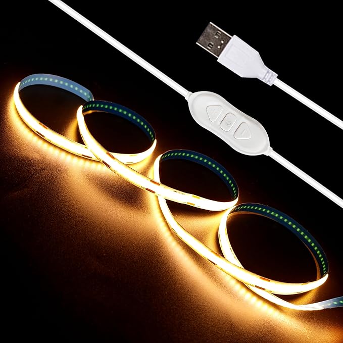5V USB LED Strip Lights 3.28FT, 3Key COB Light Strip Warm White, Short LED Strip Light, Flexible Bright for Under Cabinet, Kitchen, TV Backlight, Shelves, Displays and TV Lights