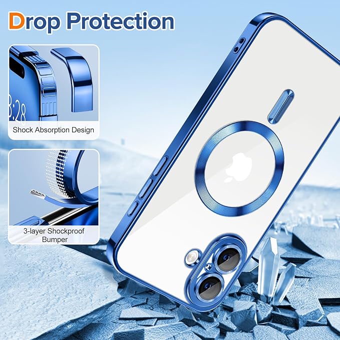 Hython Magnetic Clear for iPhone 16 Plus Case with Camera Lens Protector [Compatible with MagSafe] Luxury Plating Edge Slim Soft TPU Cover Protective Phone Case for iPhone 16 Plus 6.7", Deep Blue