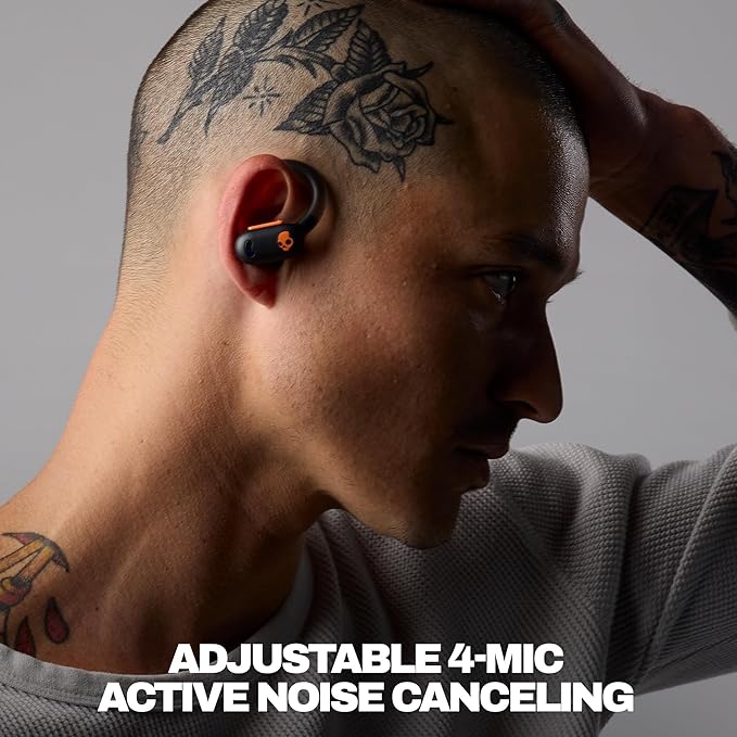 Skullcandy Push ANC Active Wireless Earbuds, Bluetooth Headphones, Noise Cancelling, 58 Hours Battery, Secure-Fit Over-Ear Hanger, Sweat and Waterproof, Microphone for iPhone Android - Black/Orange