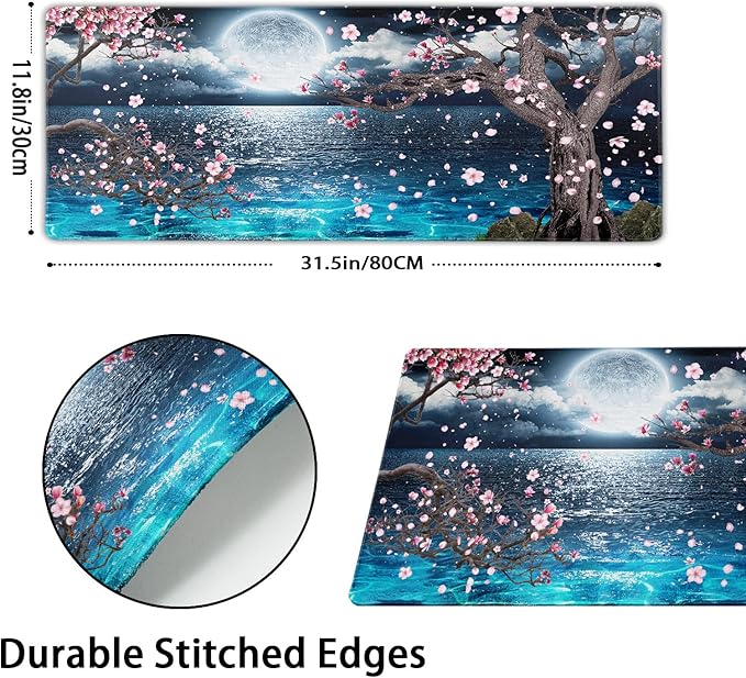 Pink Cherry Blossom Gaming Mouse Pad XL Sakura Tree Blue Ocean Moon Night Extended Big Large Desk Mat Non-Slip Rubber Base Stitched Edge Long Keyboard Mousepad for PC Computer Laptop,31.5×11.8 in