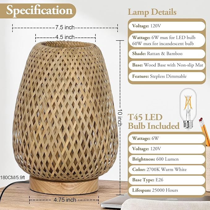 Rattan Table Lamp, Stepless Dimmable Small Beside Lamp, Vintage Wicker Wooden Nightstand Boho Bamboo Woven End Table Lamps for Bedroom Living Room Desk Kids Room, 2700K T45 LED Bulb Included