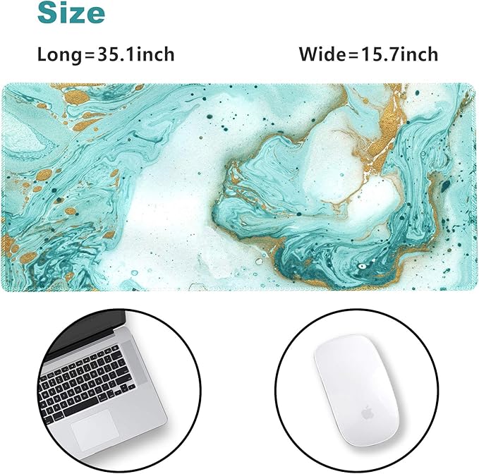 Extended Gaming Mouse Pad XXL ArtSo Large Keyboard Mat Long Mousepad Desk Decor Writing Pad Non Slip Rubber Base Stitched Edges for Work, Game, Office, Home, 35.1 x 15.7 in, Teal Turqoise Marble