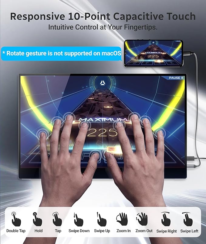 Ingnok Portable Monitor,15.6 inch 10 Point Touchscreen, FHD 1080P Laptop Screen Extender,Multi-Touch Gestures for Laptop,Mac, DC Dimming EyeCare, Adjustable Stand,USB C HDMI