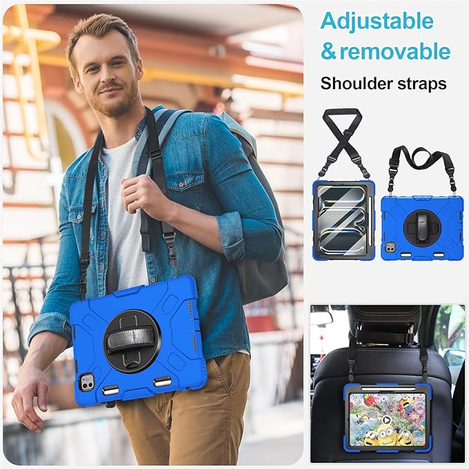 Case for iPad Pro 11 M5 2025/ M4 2024: Protective Cover for iPad Pro 11 Inch 5th Generation with Screen Protector- Stand- Handle- Shoulder Strap- Pencil Holder-Black+Blue
