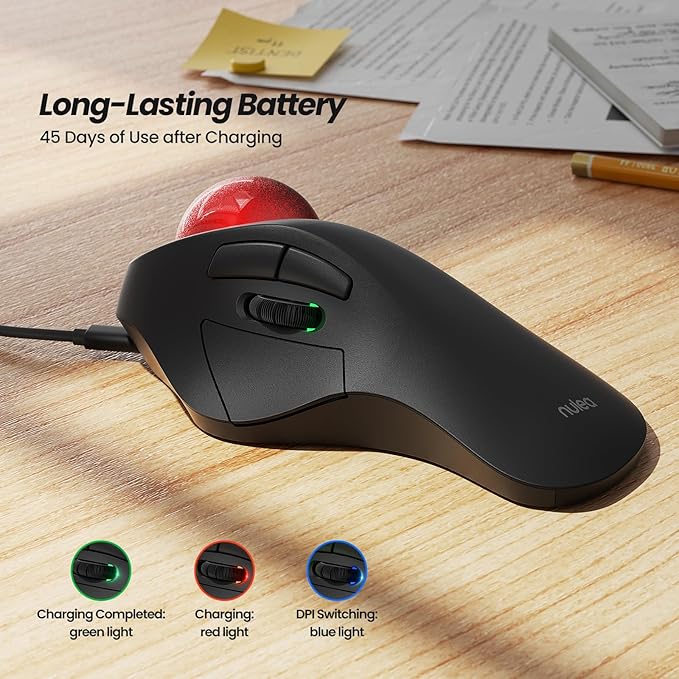 Nulea M505B Wireless Trackball Mouse, Rechargeable Ergonomic RGB Rollerball Mouse, Easy Index Finger Control with 5 Adjustable DPI, 3 Device Connection for PC, Laptop, iPad, Mac, Windows, Android
