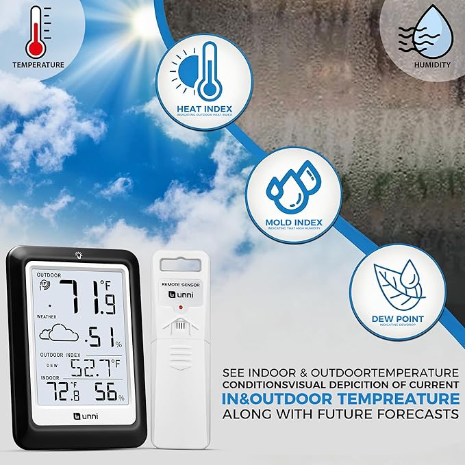 Indoor Outdoor Thermometer Hygrometer Wireless Weather Station, Temperature Humidity Monitor Battery Powered Inside Outside Thermometers with 330ft Range Remote Sensor(Black)