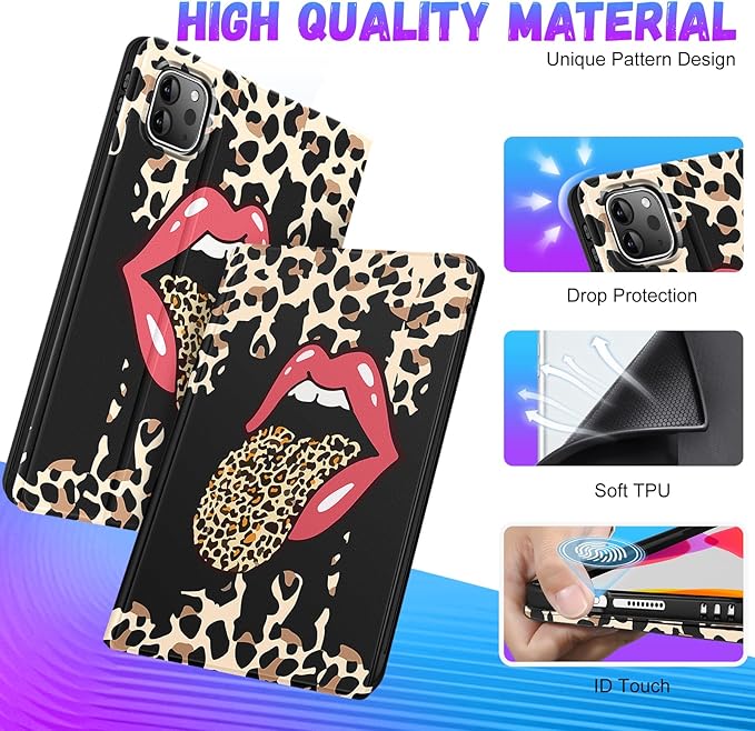 Uppuppy for iPad Air 11 inch (M2/M3) Case, Air 5th/4th Generation 10.9, Pro 11'' Case Cute Kids Women Girls Folio Leopard Pencil Holder Cover for iPad Air 11 2024/2025, 10.9 2022 2020, Pro 11