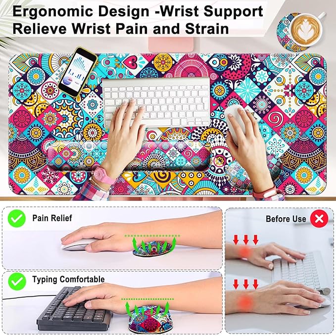 Keyboard Wrist Rest + Mouse Pad with Wrist Support + Desk Mat + Coaster 4 in 1 Set, XXL Large Gaming Mousepad Cute Ergonomic Mouse Pads for Desk Computer Laptop Office Decor-Mandala