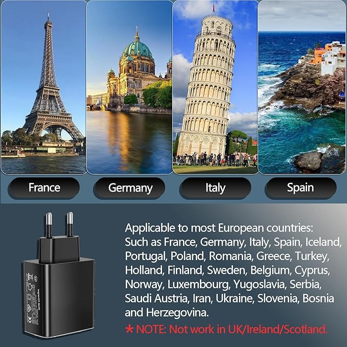 European USB C Charger, 55W European Travel Plug Adapter 4-Port USB C Fast Charging Block US to Europe Plug Adapter Type C Power Adaptor for iPhone 17 16 15 14 13 12 11 Pro Max X 8, Galaxy, Android