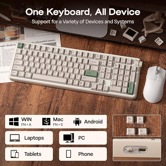 EPOMAKER RT100 PRO Wireless Gaming Keyboard with 1.54" Screen&Knob, RGB, 2.4Ghz/BT/USB-C, Hot Swap, 5000mAh, PBT Keycap, Custom Driver, Retro Mechanical Keyboard for Win/Mac (White, Sea Salt Silent)