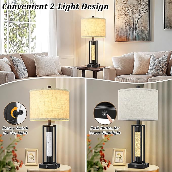 TOBUSA 26’’ Farmhouse Table Lamps for Living Room with Crystal Night Light Set of 2, Modern Nightstand Lamps with 2 USB Ports, Vintage Home Decor Black Bedside Lamps with Linen Shade for Bedroom