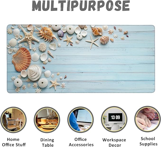 Large Mouse Pad Shells on Light Blue Wood Extended Gaming Mouse Pad Non-Slip Desk Mat with Stitched Edge Laptop Computer Keyboard Mousepad for Office Home 35.4" x 15.7"