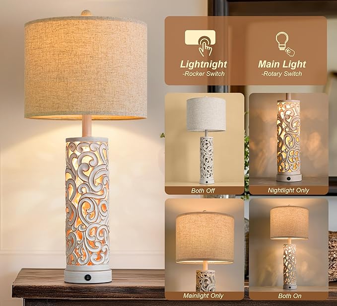 OYEARS 2-in-1 Light Table Lamp Set of 2 for Living Room, 28.5" Farmhouse Bedside Lamps with USB Charging Port, Main&Night Light & Dual Switches, Nightstand Lamp for Bedroom Home Office(Bulb Included)