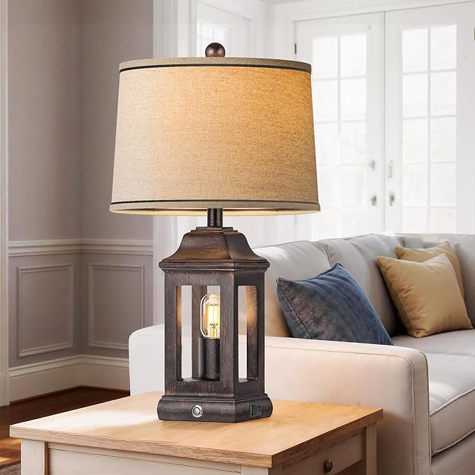 24" Rustic Farmhouse Table Lamps for Living Room, Single Pack Touch Dimmable Nightlight Vintage Bedside Lamps with USB A+C Ports & Dual Light Sources for Bedroom Nightstand End Table, Antique Black