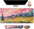 DINKY Desk Pad and Keyboard Wrist Rest, Large Mouse Pad +Keyboard Pad +Mouse Wrist Support +Coaster, 35.4 x 15.7 Inches Non-Slip Desk Mat for Office, Home, Pink Starry Sky Field