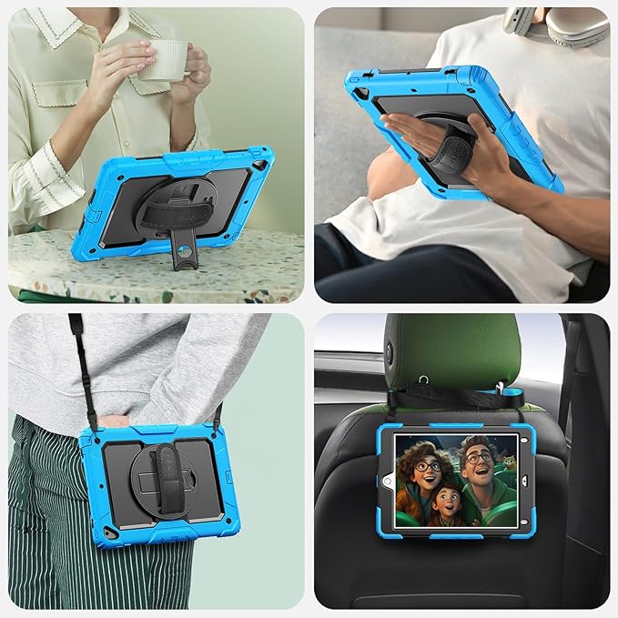SEYMAC Case for iPad 6th/5th Generation 9.7 Inch, Full-Body Shockproof Heavy Duty Protective Case with Screen Protector, Rotating Stand/Hand/Shoulder Strap for iPad Air 2/ Pro 9.7, Light Blue