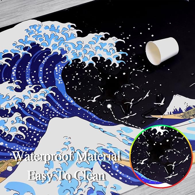 Gaming Laptop Mouse Pad,Sea Wave Big Mice Pads PC Keyboard Waterproof and Non-Slip 47.2" x 23.6" 0.15" Thick XL,XXL Rubber Table Mat, Kanagawa Surfing and Black Japanese Mouse Pads