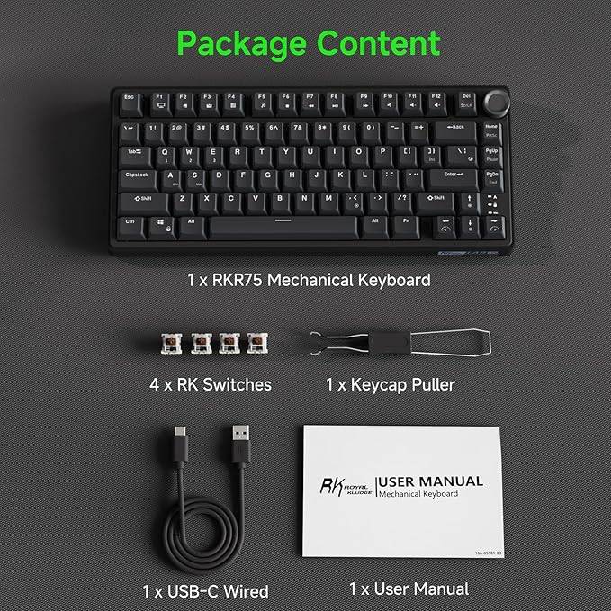 RK ROYAL KLUDGE R75 Wired Mechanical Gaming Keyboard, 75% Hot-Swap Mechanical Keyboard Volume Knob, Soft Pre-lubed Tactile Brown Switch