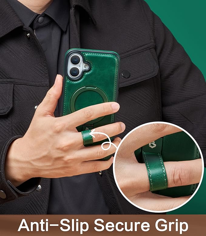 Butaiga for iPhone 17 Leather Case with Stand, Anti-Slip Grip Ring, Fits for MagSafe (Green, iPhone 17)