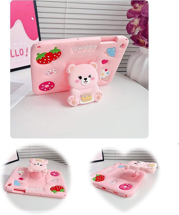 for Samsung Galaxy Tab A9 Plus Case Girls - with Shoulder Strap & Rotating Stand Cute Pink Bear 3D Cartoon for Kids Soft Silicone Protector Samsung A9 Tablet 2023