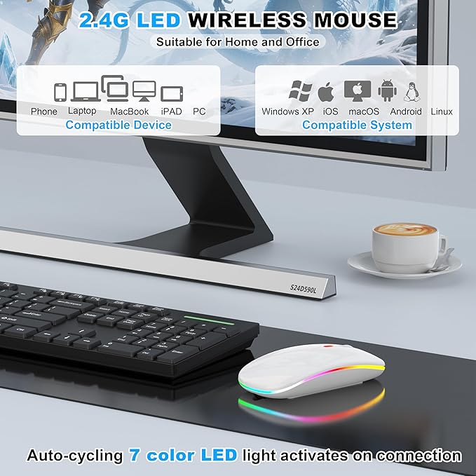 LED Bluetooth Wireless Mouse for MacBook Air Mac Pro Laptop Computer iPad, Rechargeable Silent Light-Up Mouse Jiggler Optical Dual Mode BT5.2 & USB-A/USB-C for Students, Kids, Girls, Boys - White
