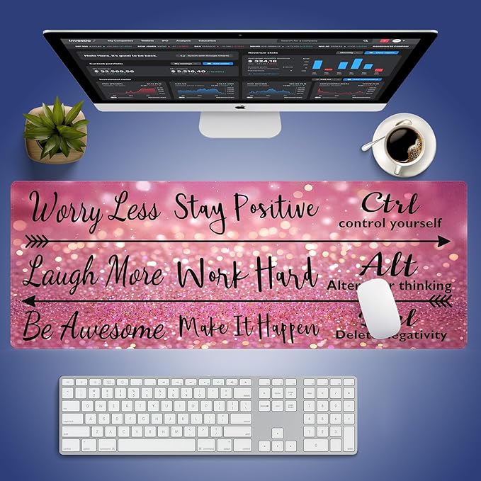 Extra Large Gaming & Office Mouse Pad (31.5" x 11.8") – Inspirational Quote Stay Positive Work Hard & Pink Glitter Design, Premium Anti-Slip XXL Desk Mat with Durable Stitched Edges