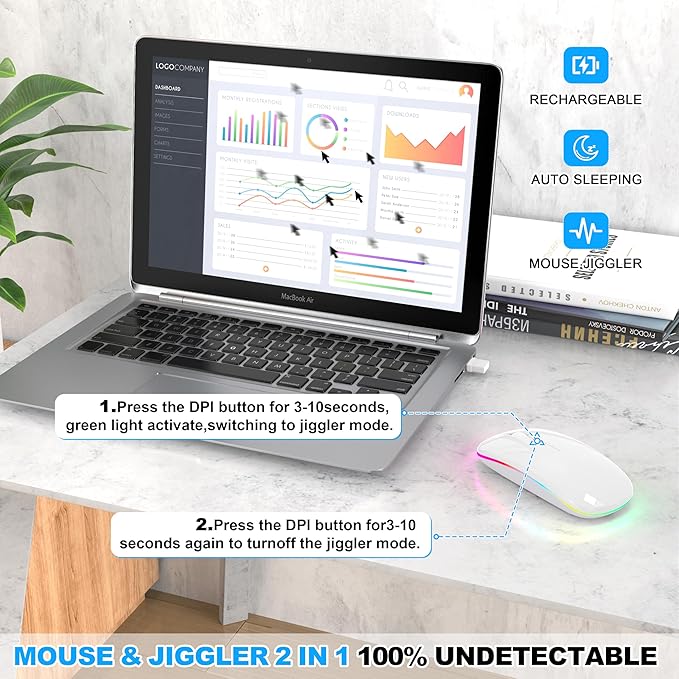 LED Bluetooth Wireless Mouse for MacBook Air Mac Pro Laptop Computer iPad, Rechargeable Silent Light-Up Mouse Jiggler Optical Dual Mode BT5.2 & USB-A/USB-C for Students, Kids, Girls, Boys - White