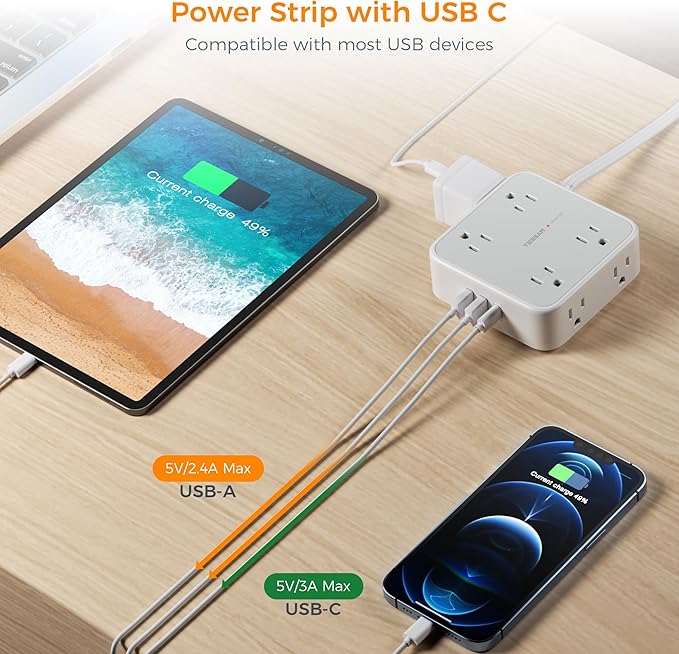 TESSAN Surge Protector Power Strip, 25 Ft Flat Plug Extension Cord with 3 USB (1 USB C) 8 Outlets, 1250W, 900J Protection, 3 Sided Outlet Extender with Power Switch for Office, Dorm Room, Grey