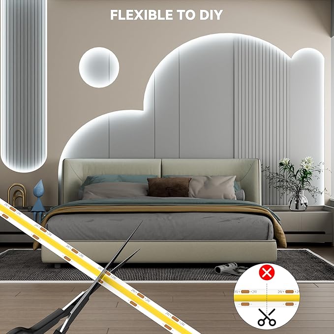 PAUTIX COB LED Strip Lights 48ft/15m Super Bright,504 LEDs/m Daylight White 6000K CRI90+ Flexible LED Tape 24V for Cabinet Home DIY Lighting Projects with 2pcs COB Connector(Power Supply Not Included)
