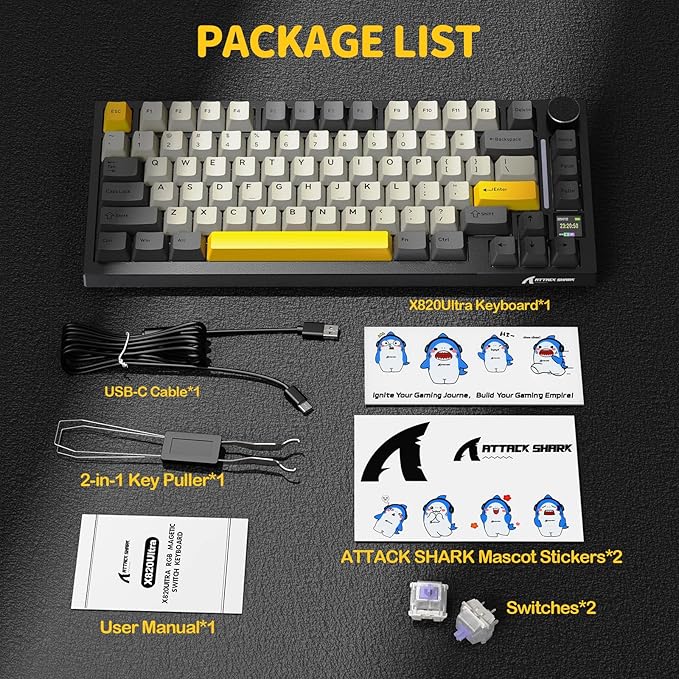 ATTACK SHARK X820 Ultra 75% Wireless Gaming Mechanical Keyboard Hot-Swappable Gasket Mount RGB Backlit BT/2.4G/Wired Custom Keyboard with Smart TFT Display&Knob QMK Driver-Star Black&Gift Switch