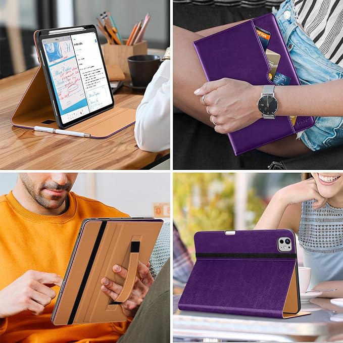 DTTO for iPad Pro 13 inch Case (M5/M4) 2025/2024, Premium Leather Business Folio Stand Cover with Pencil Holder - Auto Wake/Sleep & Multiple Viewing Angles, Built in Hand Strap & Pocket, Dark Purple