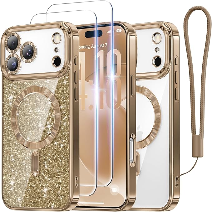 Meifigno Designed for iPhone 17 Pro Case 6.3", [Glitter Card & Wrist Strap] [Compatible with MagSafe] [2X HD Screen Protectors] Surround Raised Lens Protection for 17 Pro Case Women, Desert Titanium