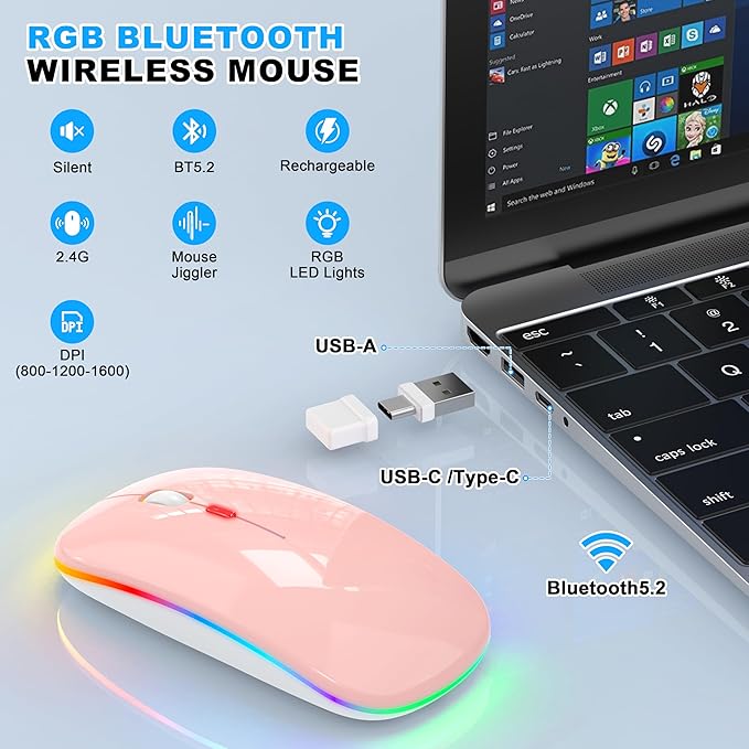 LED Bluetooth Wireless Mouse for MacBook Air/Pro, Laptop, iPad – Rechargeable Silent Light-Up Slim Mouse, Optical Dual Mode BT5.2 & USB-A/USB-C – for Students, Kids, Girls, Boys – Baby Pink
