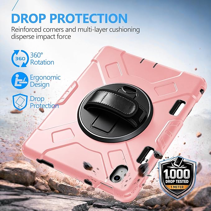 Case for iPad (A16) 11th/10th Generation Case: Protective Cover for iPad 11th Gen 11 Inch 2025 &10th Gen 10.9" 2022 with Screen Protector- Stand- Shoulder Strap- Handle- Pencil Holder-Black+Pink