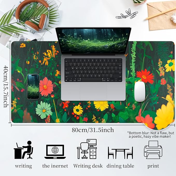 Bloss Green Mouse Pad, Clearance Overstock Limited Stock Discontinued Size Large Floral Plants Desk Pads for Desktop, Cute Black Carton Cat Leather Desk Mat, Computer Laptop Desk Mat,31.5"x15.7"