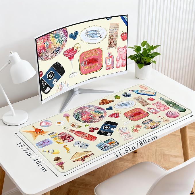 Desk Cover Mat, Large Cute Mouse Pad, Desk Pad Mat Decor for Office Game Home 31.5 X 15.7 Inch (Watercolor Stickers)