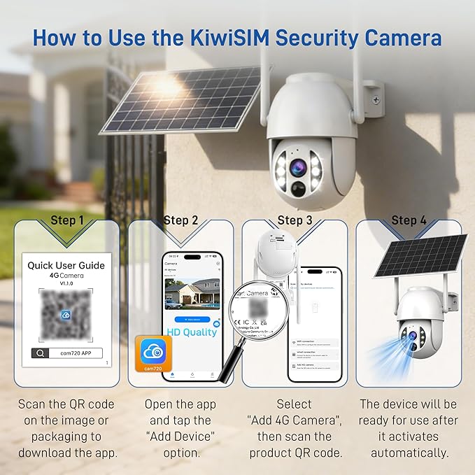 4G LTE 3K Security Cameras, Wireless Solar Powered Security Camera Outdoor, IP66, HD Color Night Vision, AI Triple Detection, 360° Auto Tracking, Smart Cameras for Home Securitym, No WiFi Required