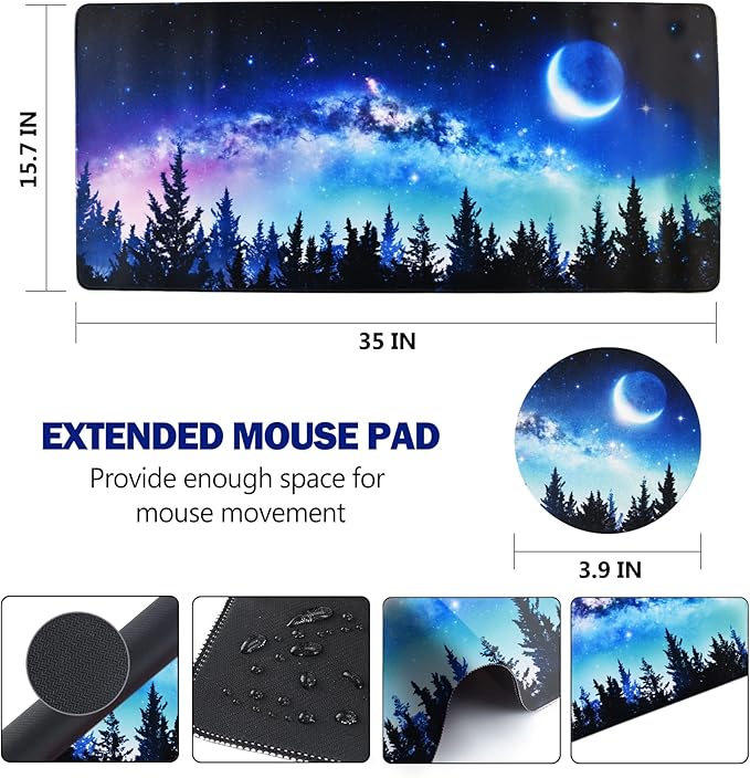 AIMSA Extended Gaming Mouse Pad, XL Large Keyboard Mouse Mat Desk Pad with Stitched Edges, Durable Non-Slip Base Mousepad for Home Office Work, 35x15.7inch, Forest Moon Sky