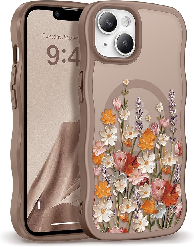 GVIEWIN Cute for iPhone 14 Case & iPhone 13 Case [Compatible with MagSafe] [Curly Wave Edge] Floral Translucent Magnetic Shockproof Protective Phone Cover for iPhone 14/13 6.1'', Primrose/Brown